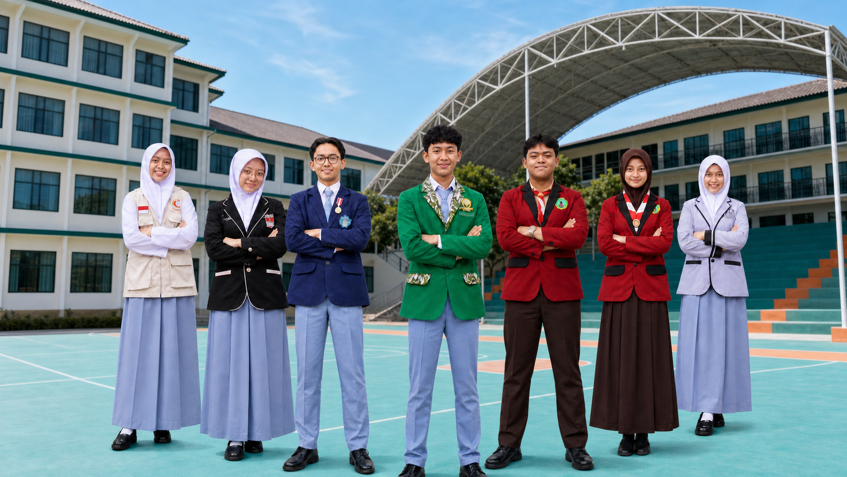 Tujuh siswa berprestasi berdiri di lapangan SMAIT Ummul Quro Bogor