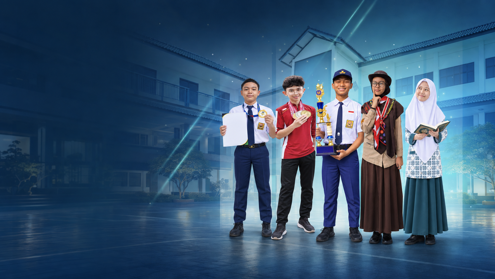 Lima siswa berprestasi SMPIT Ummul Quro di halaman sekolah
